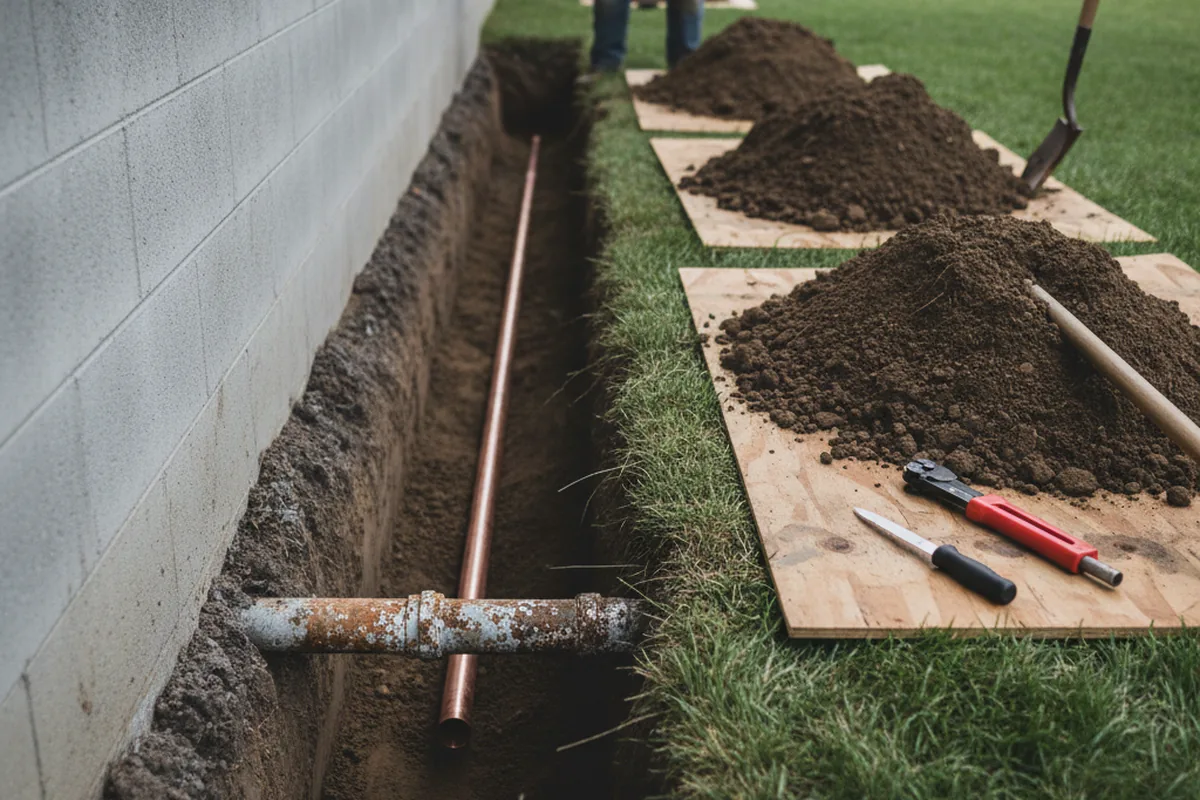 Excavated water line trench during Water Heater Repair in Waunakee
